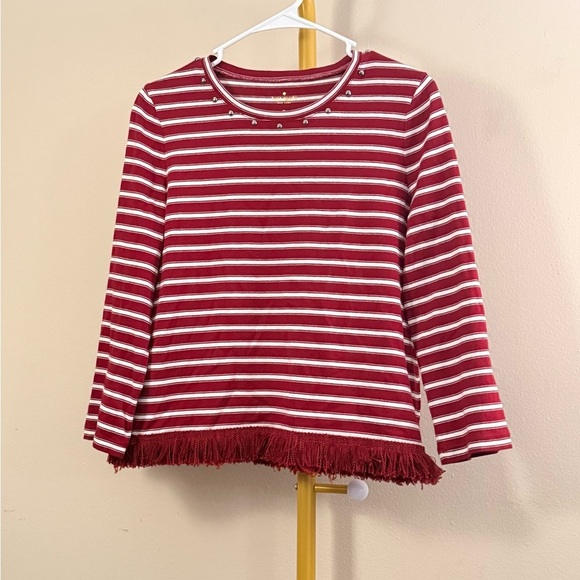 kate spade Tops - Kate Spade Striped Fringe Hem Long Sleeve Top Medium Red White